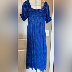 Blue Smocked Waist Maxi Dress with Subtle Dot Print ruffle sleeve small